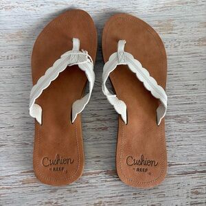 Reef Celine Cushion Tan Footbed Sandals with White Scalloped Straps